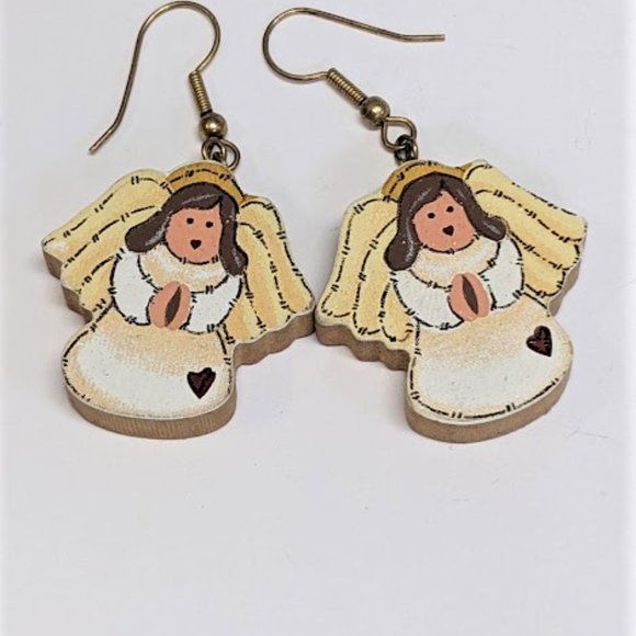 Cute Vintage 80's Hand Painted Angel Earrings - Picture 1 of 2